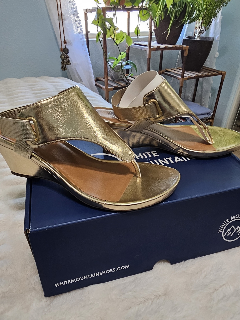 White Mountain Gold Metallic Wedge Thong Sandals